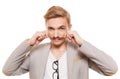 Young man with mustache isolated at white