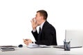 Young man in office shouting with hands cupped to his mouth isolated on white background Royalty Free Stock Photo