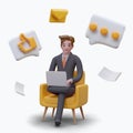 Young man in office suit sitting in armchair, holding laptop and chatting with client Royalty Free Stock Photo