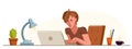 Young man office worker pensive concentrated on her work vector flat illustration isolated, serious attentive worker seriously