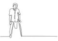 Young man with one leg one continuous line with minimalist design isolated in one white background. Standing male with one leg