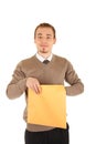 Young man opens a post package Royalty Free Stock Photo