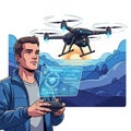 A young man operates a drone using a remote control, accompanied by a digital Royalty Free Stock Photo