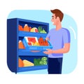 Young man organizes fresh groceries refrigerator shelves. Male cartoon character brown hair