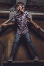 Young man over industrial background Royalty Free Stock Photo