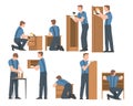 Young Man in Overall Assembling and Installing Wooden Furniture Vector Set