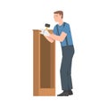 Young Man in Overall with Hammer Assembling and Installing Wooden Furniture Vector Illustration