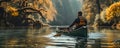 Young man is paddling a canoe on forest river. Royalty Free Stock Photo