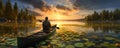 Young man is paddling a canoe on forest river. Royalty Free Stock Photo