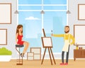 .Young Man Painting Portrait of Woman Sitting in Front of Easel, Creative Handicraft Hobby Cartoon Vector Illustration