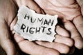 Young man with a paper with the text human rights