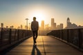 Man pensively walking along the bridge. Generative AI