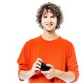 Young man photographer holding camera portrait Royalty Free Stock Photo