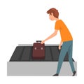 Young Man Picking Up His Suitcase on Luggage Conveyor Belt at Airport Vector Illustration