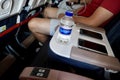 Istanbul, Turkey - August, 2020: A young man on the plane is sitting in business class. A young man is flying on Royalty Free Stock Photo