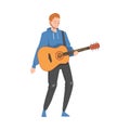 Young Man Playing Acoustic Guitar, Male Musician Guitarist Character Performing at Concert Cartoon Style Vector