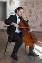 Young man playing the cello. Portrait of the cellist Royalty Free Stock Photo