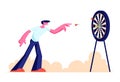 Young Man Playing Darts Outdoors, Character Throw Dart into Target Board, Recreation, Sports Activity, Creative Spare Time Royalty Free Stock Photo