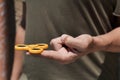 Young man playing with a fidget spinner Royalty Free Stock Photo