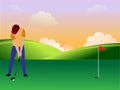 Young man playing golf At the stadium with Green hole grass with flagpole Royalty Free Stock Photo