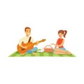 Young man playing guitar to his girl on a picnic, happy couple in love sitting on a picnic plaid vector Illustration Royalty Free Stock Photo