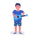 Young man playing hawaii guitar ukulele. Studying playing ukulele. Vector illustration