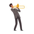 Young Man Playing Trombone Male Jazz Musician Character in Elegant Suit with Musical Instrument Vector Illustration Royalty Free Stock Photo