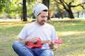 Young man playing the ukelele in a park. Royalty Free Stock Photo