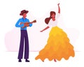 Young Man Playing Ukulele Guitar to Girl Dancing Traditional Dance at Rio Carnival. Full Height Musician Character