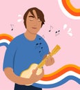 Young man is playing the ukulele. Musical notes and rainbows are on a background. Vocal or instrumental sound. Poster for acoustic Royalty Free Stock Photo