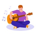 The young man plays the guitar. Vector illustration in flat style. Isolated on white background. Royalty Free Stock Photo
