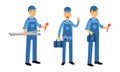 Young Man Plumber Wearing Blue Overall Holding Fixing Tool Vector Illustration Set.