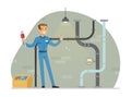 Young Man Plumber Wearing Blue Uniform Fixing Tubes and Pipe Lines Vector Illustration