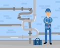 Young Man Plumber Wearing Blue Uniform Fixing Tubes and Pipe Lines Vector Illustration