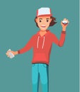 Flat vector design illustration of man with pokeball in