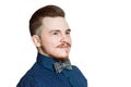 Young man with pompadour haircut, dressed in blue shirt with a serious face. real photo hair for barbershop, isolated