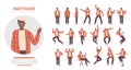 Young man poses on dance party set, cartoon happy dancer male character dancing in different posture