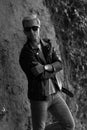 young man posing in leather jacket cool fashionable black and white Royalty Free Stock Photo