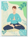 Young man practicing lotus asana. Yoga studio poster