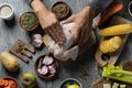 Young man preparing a turkey