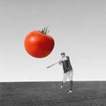 Young man, professional baseball player in uniform playing tomato instead of ball over black and white background Royalty Free Stock Photo