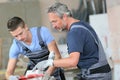 Young man with professional brick layer in training school Royalty Free Stock Photo