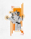 Young man, professional karateka in white kimono, training karate on abstract background. Contemporary art collage. Royalty Free Stock Photo