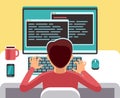 Young man programmer working on computer with code on screen. Student programming vector concept Royalty Free Stock Photo