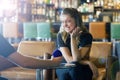 A man makes a proposal to marry the girl at the bar Royalty Free Stock Photo