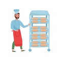 Young man pushing rack with freshly-baked bread. Professional at work. Worker of bakery. Flat vector design