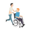 Young Man Pushing Wheelchair with Smiling Disabled Man, Guy Supporting his Friend, Friendship and Support, Handicapped