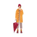 Young man in raincoat flat vector illustration. Male model wearing yellow coat and warm hat cartoon character. Smiling