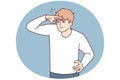 Young man raises hand to forehead to see distant object or protect eyes from sun rays. Vector image