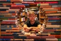 Young man reading a book in the Last Book Store in LA. Royalty Free Stock Photo